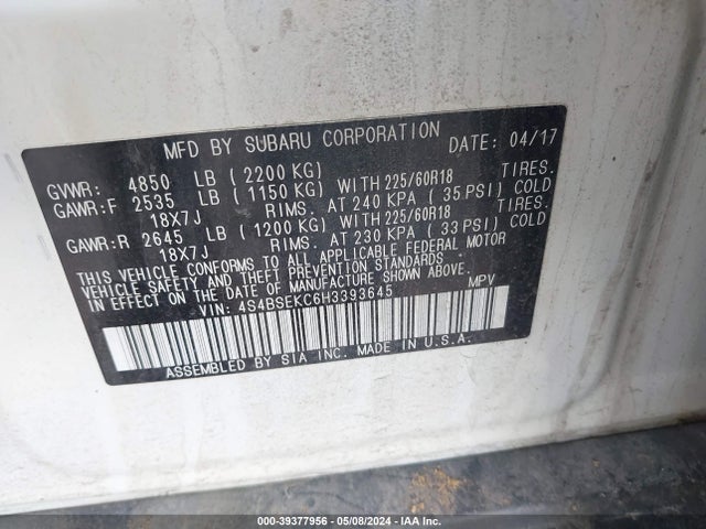 Subaru Outback 3.6r Limited 2017 4S4BSEKC6H3393645 Image 9