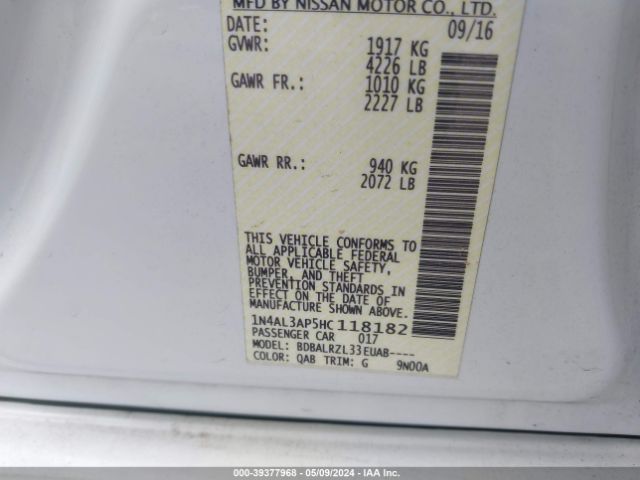 1N4AL3AP5HC118182 Nissan Altima 2.5/2.5 S/2.5 Sl/2.5 Sr/2.5 Sv