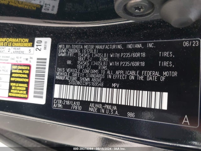 5TDZRKEC9PS169548 Toyota Sienna Limited