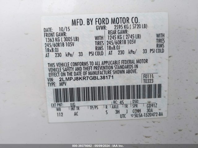 2LMPJ8KR7GBL38171 Lincoln Mkx Select