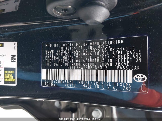 Toyota COROLLA LE 2022 5YFEPMAE6NP353312 Image 9
