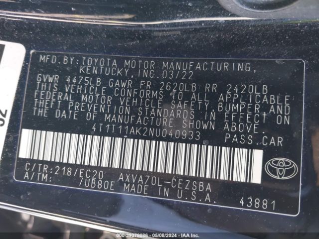 4T1T11AK2NU040933 Toyota Camry Se Nightshade Edition