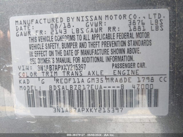 Nissan SENTRA S 2019 3N1AB7APXKY215397 Image 9
