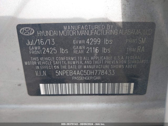 39378143 :رقم المزاد ، 5NPEB4AC5DH778433 vin ، 2013 Hyundai Sonata Gls مزاد بيع