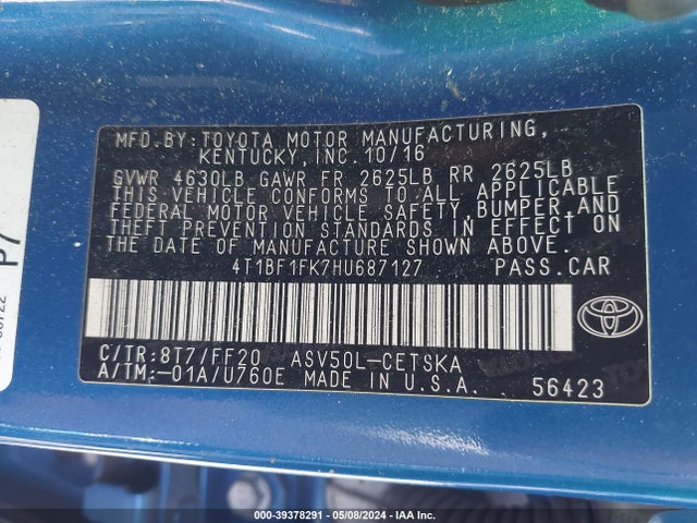 Toyota CAMRY SE 2017 4T1BF1FK7HU687127 Image 9