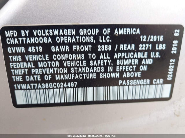 1VWAT7A36GC024497 Volkswagen Passat 1.8t S
