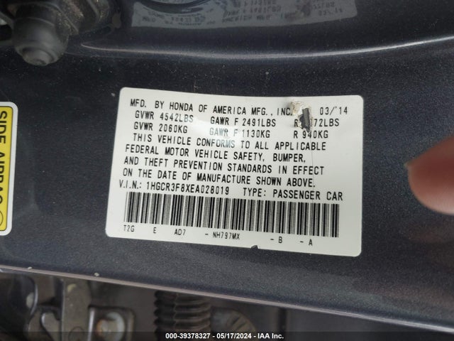 Honda Accord Ex-l V-6 2014 1HGCR3F8XEA028019 Image 9