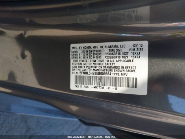 5FNRL5H93EB059664 Honda Odyssey Touring/touring Elite