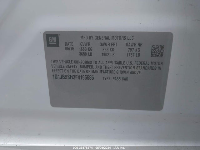 Chevrolet Sonic Ls Manual 2015 1G1JB5SH3F4196685 Image 9