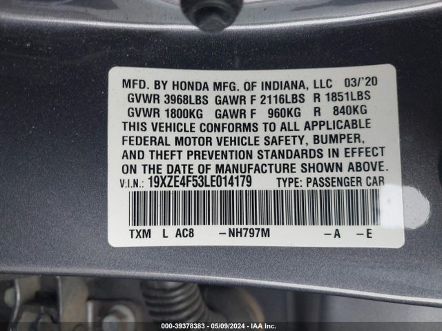Honda INSIGHT EX 2020 19XZE4F53LE014179 Image 9