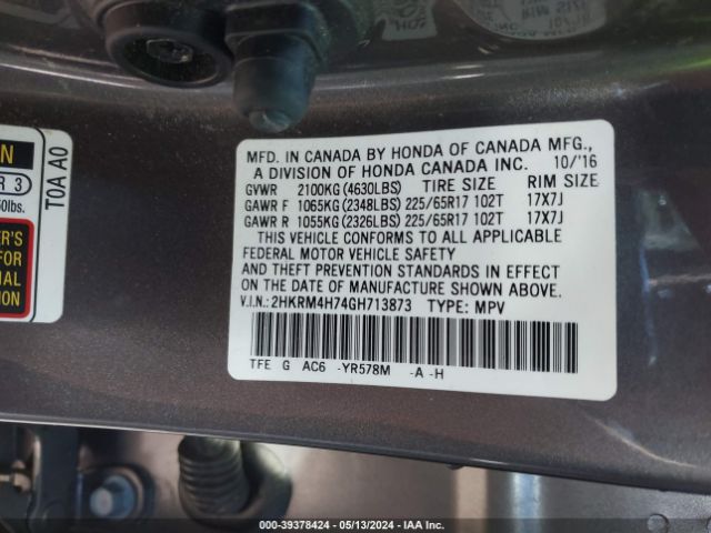 2HKRM4H74GH713873 Honda Cr-v Ex-l