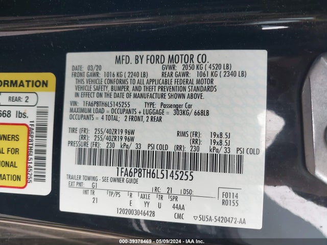 Ford Mustang Ecoboost Fastback 2020 1FA6P8TH6L5145255 Image 9