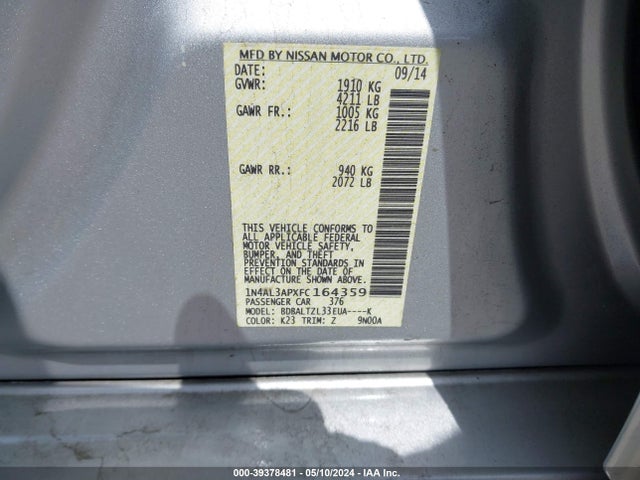 Nissan Altima 2.5 Sl 2015 1N4AL3APXFC164359 Image 9