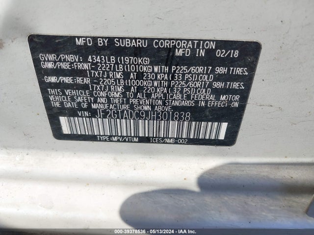 JF2GTADC9JH301838 Subaru Crosstrek 2.0i Premium