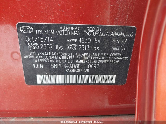 Hyundai Sonata Limited 2.0t 2015 5NPE34AB8FH110892 Image 9