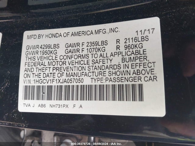 Honda ACCORD LX 2018 1HGCV1F1XJA057050 Image 9