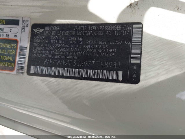 2007 MINI COOPER WMWMF33597TT58941 Photo 8