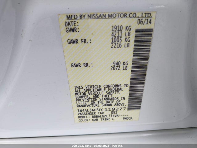 Nissan Altima 2.5 S 2015 1N4AL3AP3FC119277 Image 9