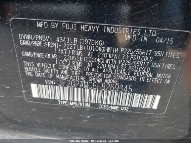 JF2GPAMC6F8269345 Subaru Xv Crosstrek 2.0i Limited
