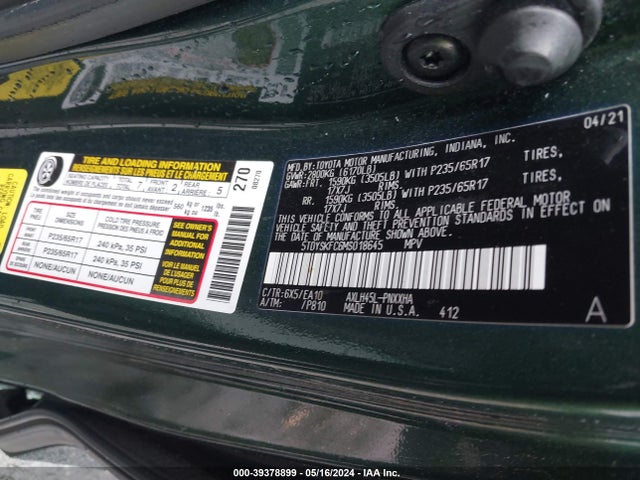 Toyota SIENNA XLE 2021 5TDYSKFC6MS018645 Image 9