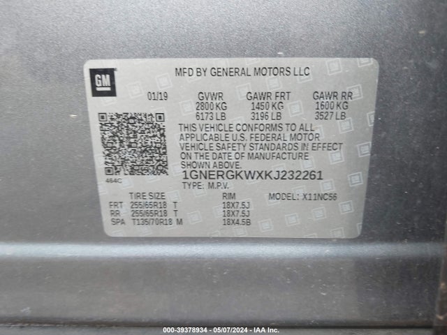 Chevrolet Traverse 1lt 2019 1GNERGKWXKJ232261 Image 9