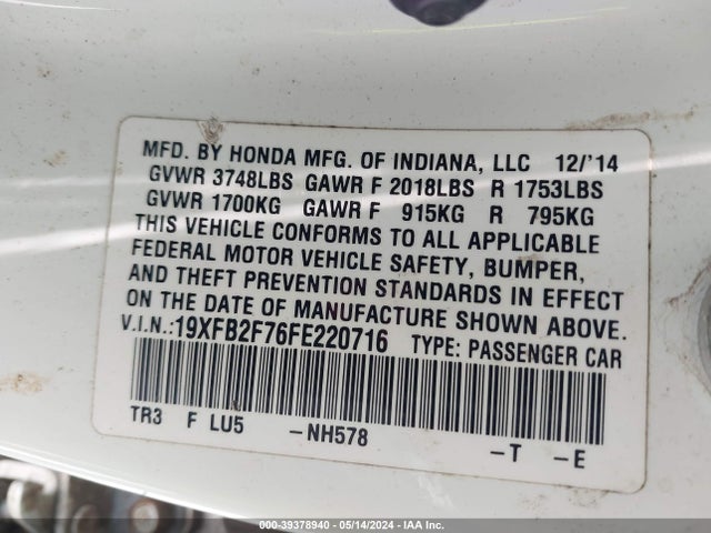 Honda CIVIC SE 2015 19XFB2F76FE220716 Image 9