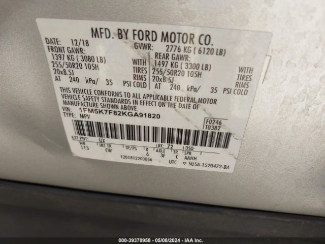 1FM5K7F82KGA91820 Ford Explorer Limited