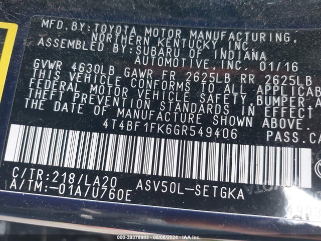 Toyota CAMRY XLE 2016 4T4BF1FK6GR549406 Image 9