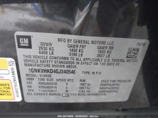 1GNKVHKD4GJ340546 Chevrolet Traverse 2lt
