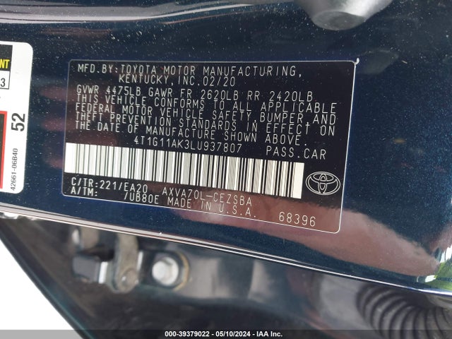Toyota CAMRY SE 2020 4T1G11AK3LU937807 Image 9