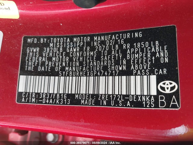 Toyota COROLLA LE 2016 5YFBURHEXGP474717 Image 9