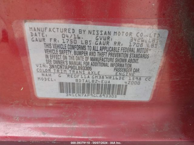 3N1CN7AP9GL893305 Nissan Versa 1.6 Sv