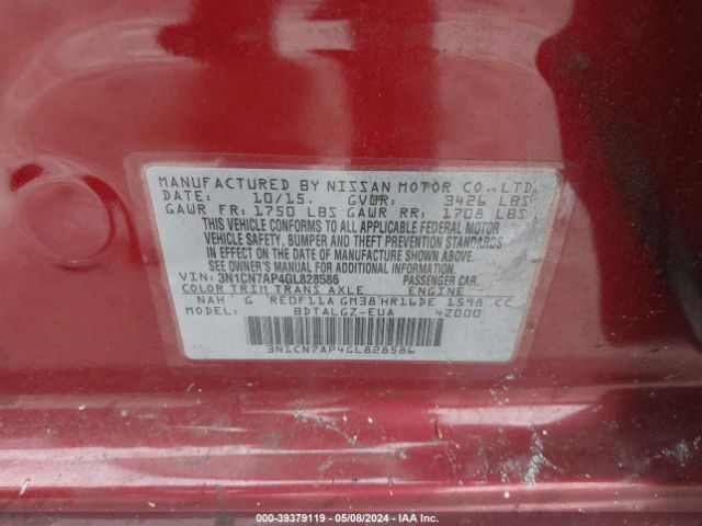 3N1CN7AP4GL828586 Nissan Versa 1.6 Sl