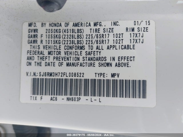 Honda Cr-v Ex-l 2015 5J6RM3H72FL008522 Image 9