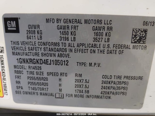 Chevrolet Traverse 1lt 2014 1GNKRGKD4EJ105012 Image 9