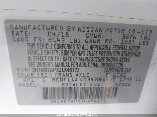 Nissan SENTRA SV 2018 3N1AB7APXJL646172 Image 9