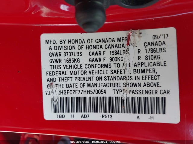 Honda CIVIC EX 2017 2HGFC2F77HH570054 Image 9