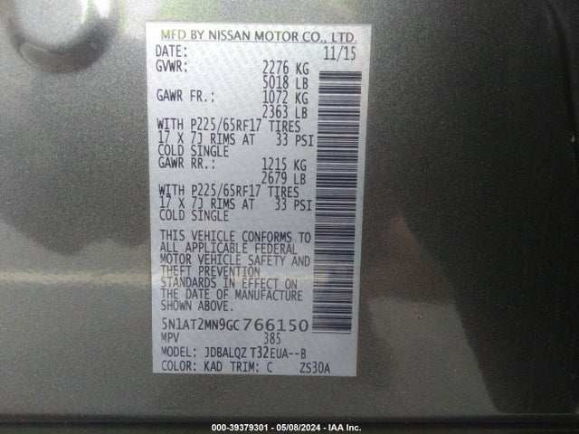 Nissan ROGUE SV 2016 5N1AT2MN9GC766150 Image 9