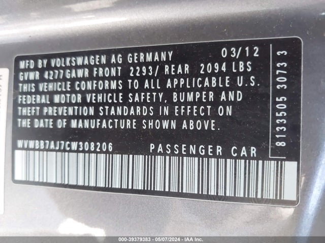 2012 Volkswagen Golf 2.5l 2-door მანქანა იყიდება აუქციონზე, vin: WVWBB7AJ7CW308206, აუქციონის ნომერი: 39379383