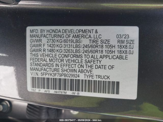 5FPYK3F79PB029924 Honda Ridgeline Rtl-e