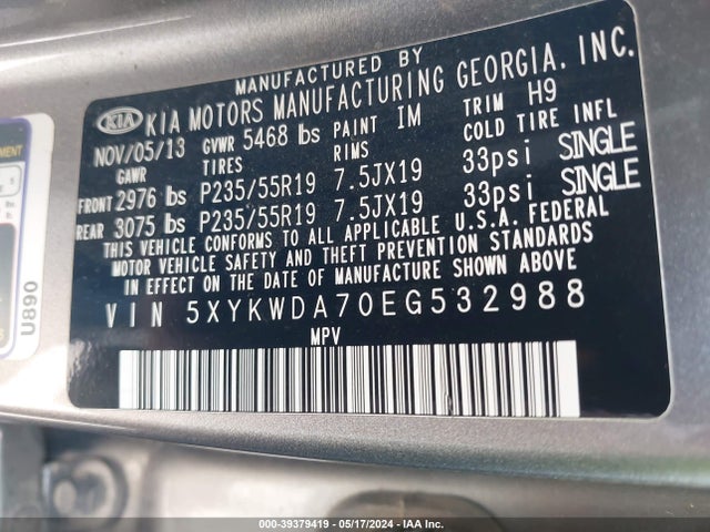 KIA Sorento Sx V6 2014 5XYKWDA70EG532988 Image 9