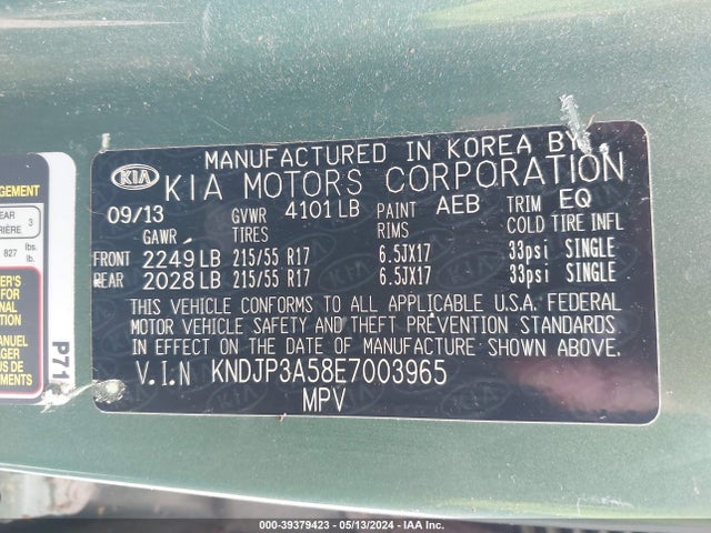 KIA SOUL + 2014 KNDJP3A58E7003965 Image 9