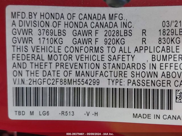 2HGFC2F88MH554299 Honda Civic Sport