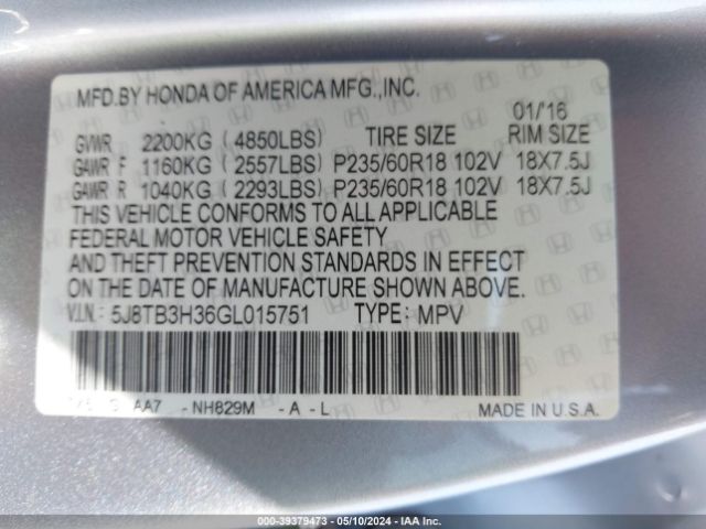 5J8TB3H36GL015751 Acura Rdx Acurawatch Plus Pkg