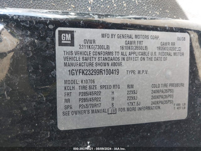 2009 CADILLAC ESCALADE 1GYFK23299R100419 Photo 8