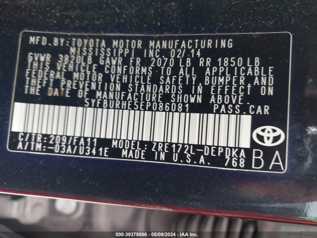 Toyota COROLLA L 2014 5YFBURHE5EP086081 Image 9