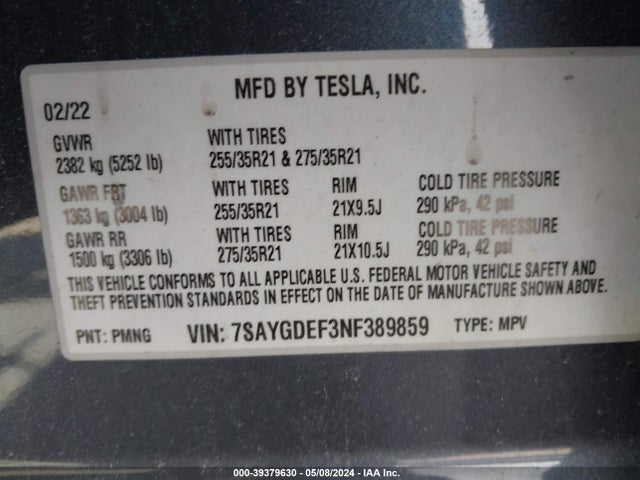 7SAYGDEF3NF389859 Tesla Model Y Performance Dual Motor All-wheel Drive