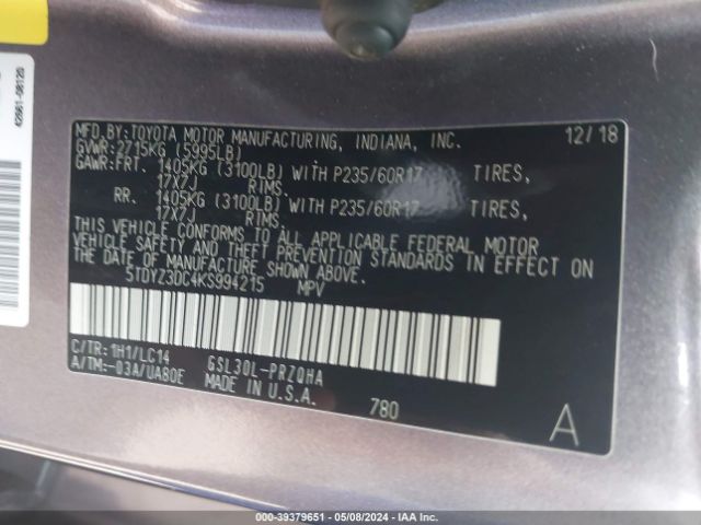 5TDYZ3DC4KS994215 Toyota Sienna Xle 8 Passenger