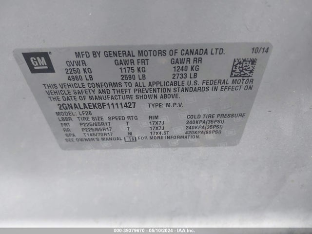 Chevrolet EQUINOX LS 2015 2GNALAEK8F1111427 Image 9