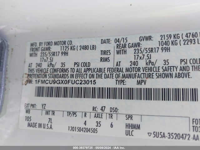 Ford ESCAPE SE 2015 1FMCU9GX0FUC23015 Image 9